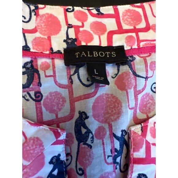 Talbots Women's Monkey Print Long Sleeve Blouse L 100% Cotton - Picture 3 of 5